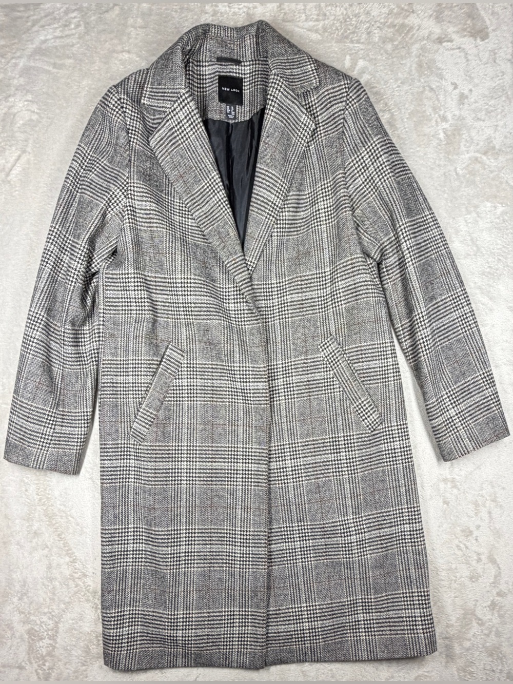 New Look Wool Blend Longline Plaid Gray Black Brown Blazer Size 8